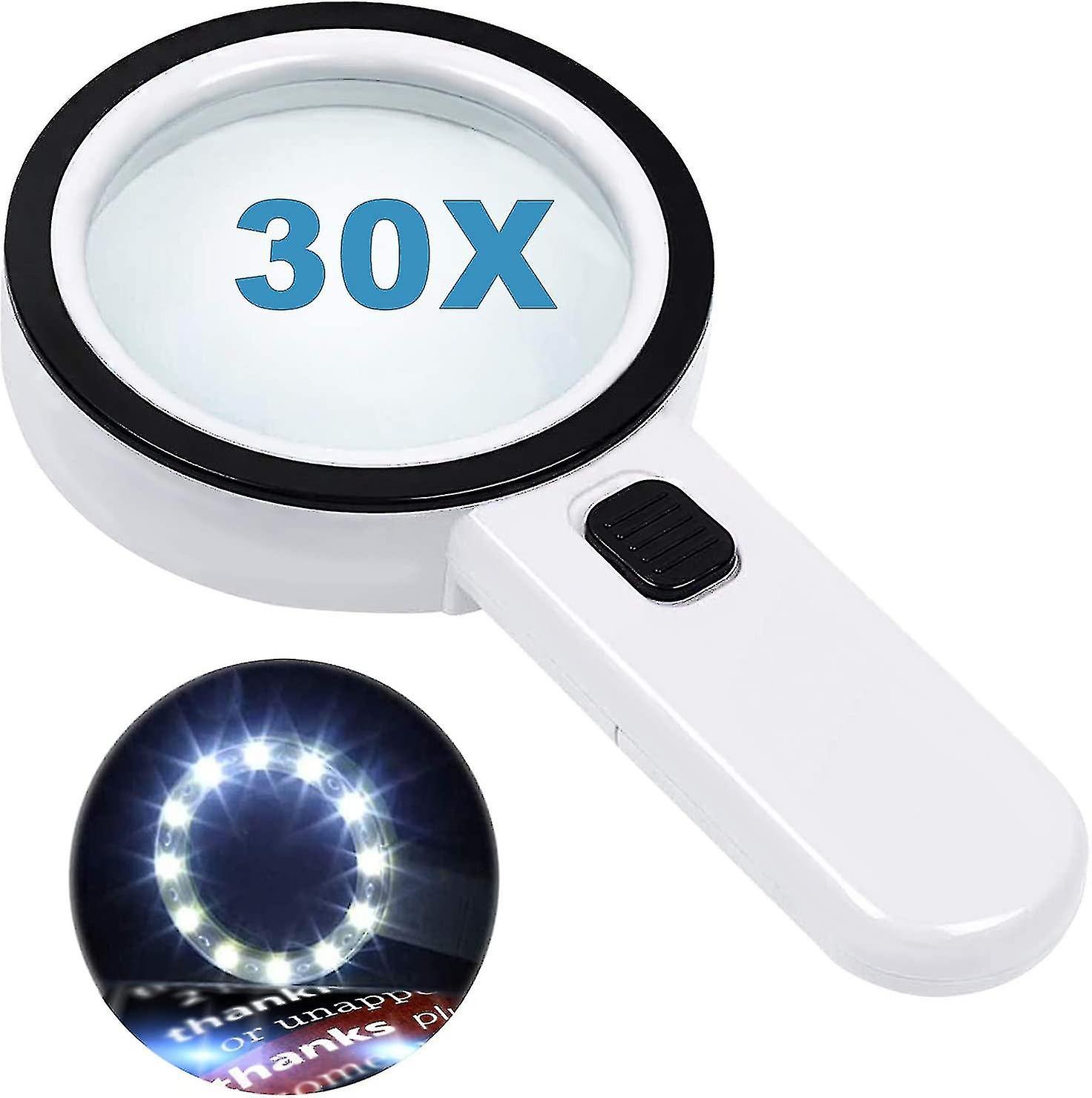 Magnifying Glass With 12 Led Lights 30x Double Glass Lens Handheld Illuminated Magnifier Reading Mag