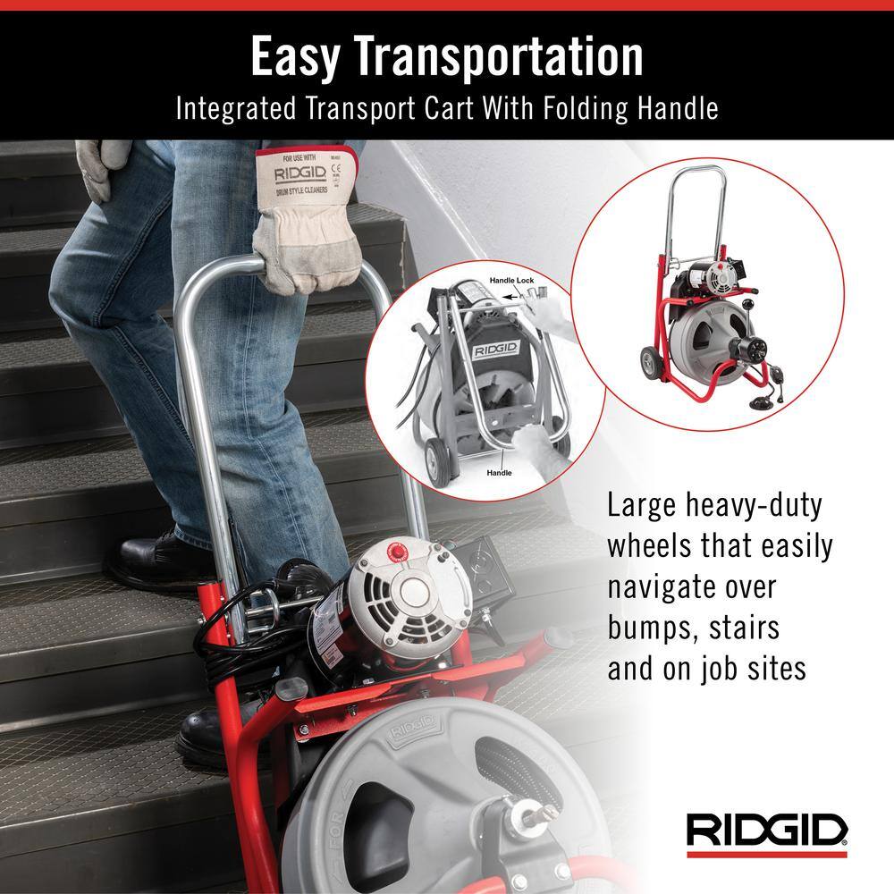 RIDGID K-400 AutoFeed Drain Cleaning Snake Auger 120-Volt Drum Machine and C-45IW 12 in. x 75 ft. Cable + Tool Set  Gloves 27013