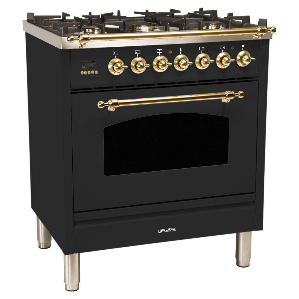 Hallman 30 in. 3.0 cu. ft. Single Oven Dual Fuel Italian Range True Convection 5 Burners LP Gas Brass Trim in Matte Graphite HDFR30BSMGLP