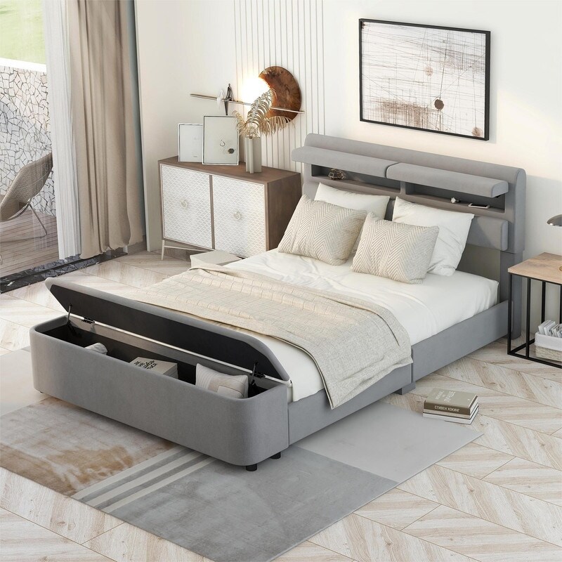 Full Size Upholstered Platform Bed with Storage Headboard and Footboard