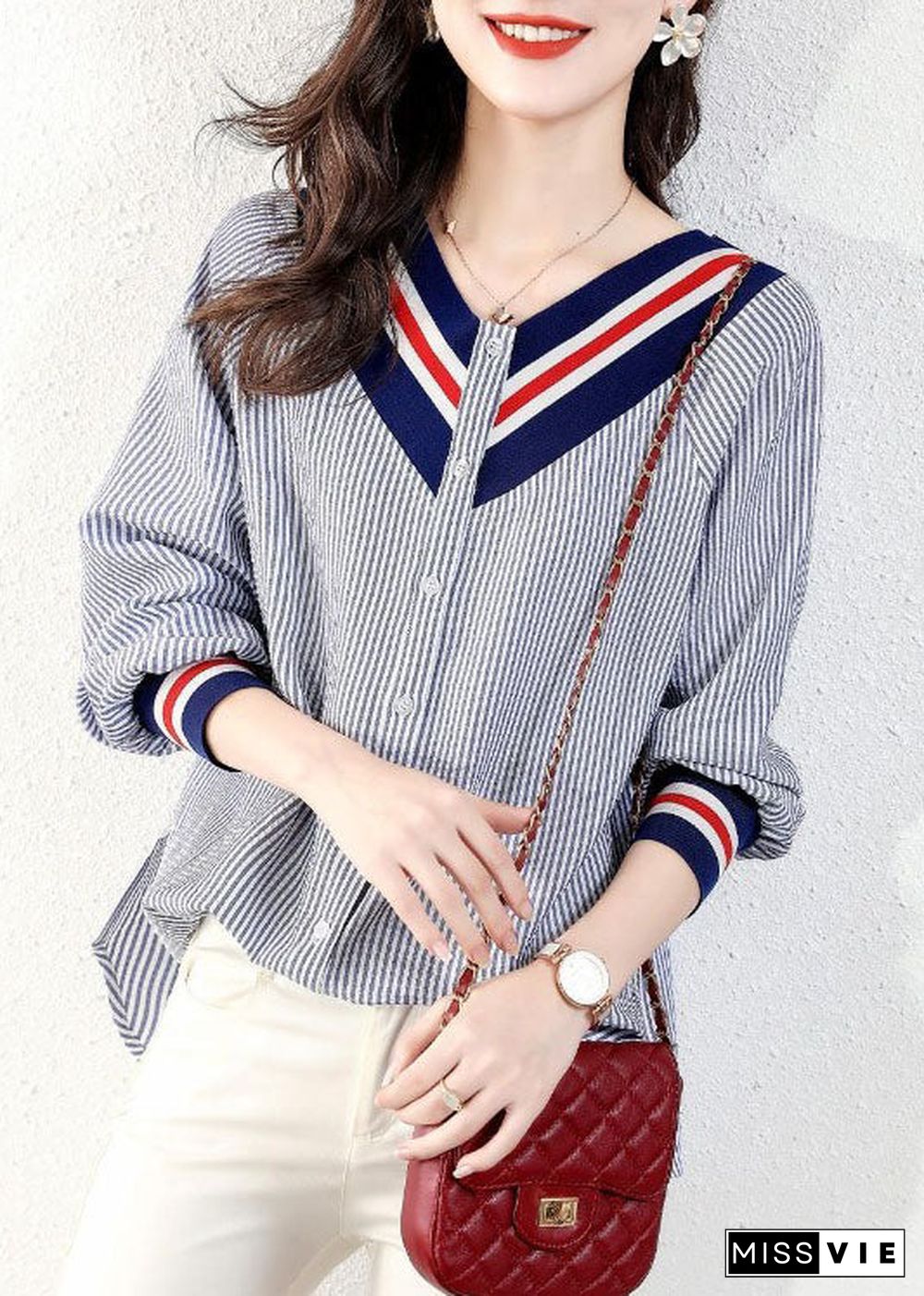 Handmade Pink V Neck Striped Cotton Blouses Spring