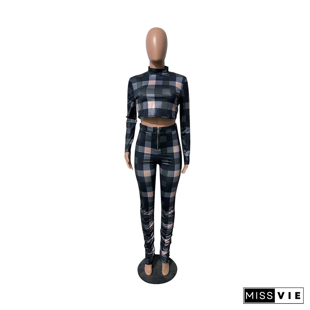 Plaid Turtleneck Crop Top Stacked Pants Set