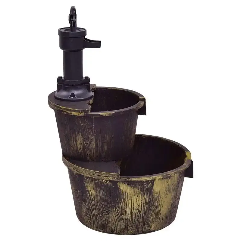 2 Tier Outdoor Rustic Pump Barrel Waterfall Fountain for Garden