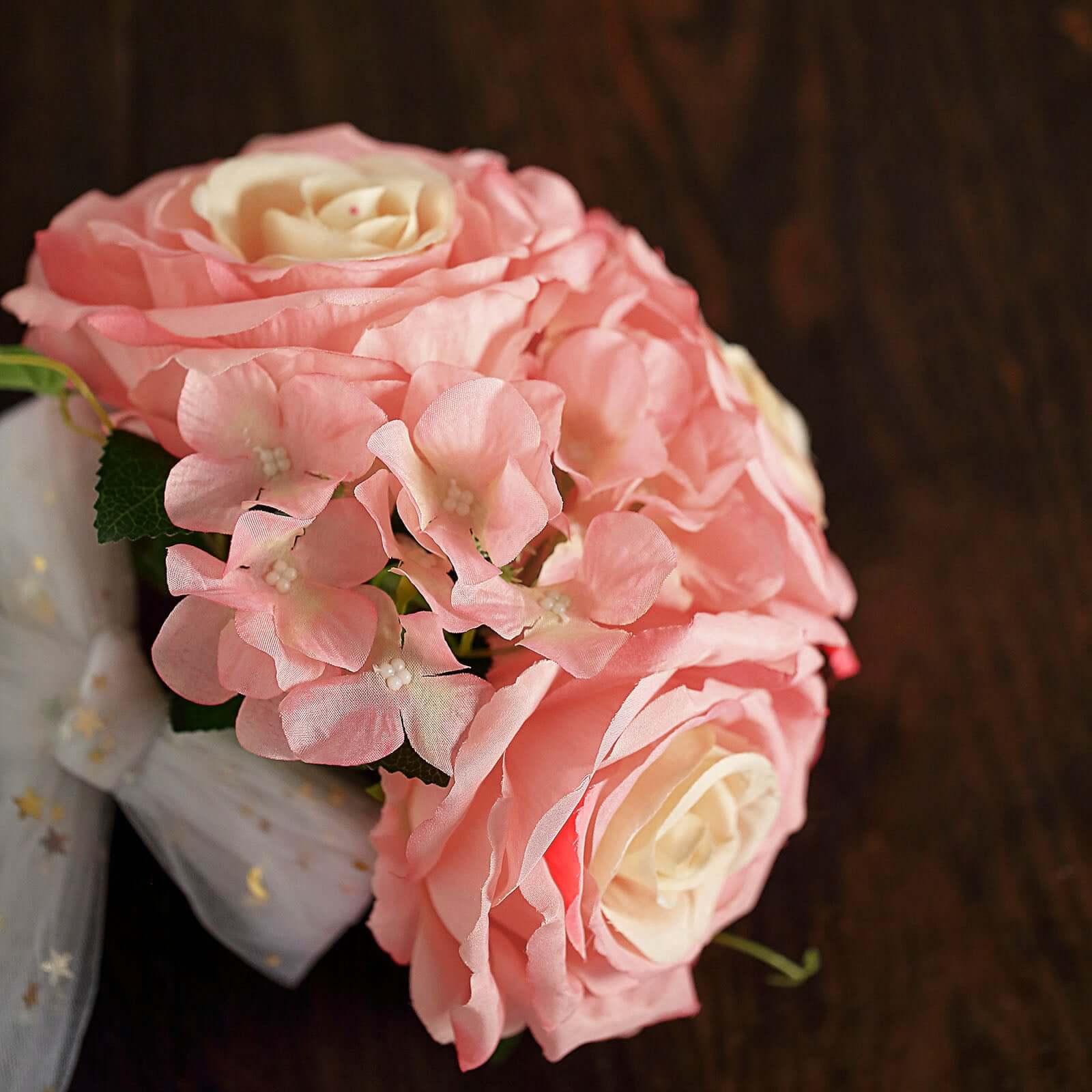 2 Bushes Coral Artificial Silk Rose and Hydrangea Mix Flower Bouquets