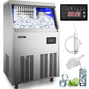 VEVOR 110V Commercial Ice Maker 80-90LBS/24H with 33LBS Bin， Full Heavy Duty Stainless Steel Construction， Automatic Operation， Clear Cube for Home Bar， Include Water Filter， Scoop， Connection Hose