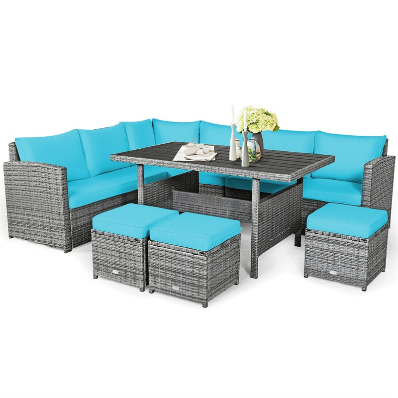 7 Pcs Rattan Patio Dining Furniture Sectional Sofa Set with Dining Table, Ottomans & Cushions