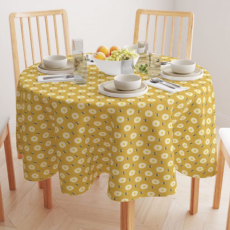 Round Tablecloth， 100% Polyester， 60 Round， Bumble Bees and Daisies