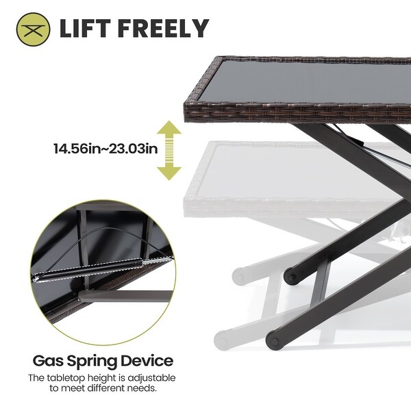 Outdoor Coffee Table Side Table Fits with Conversation Set，PE Rattan and Glass Tabletop，Adjustable Height