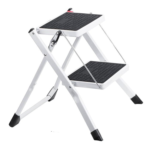 Delxo Portable Collapsible Lightweight Alloy Steel 2 Step Mini Stool Stepladder With Anti Slip Carry Hand Grip And Wide Pedal For Indoor Use White