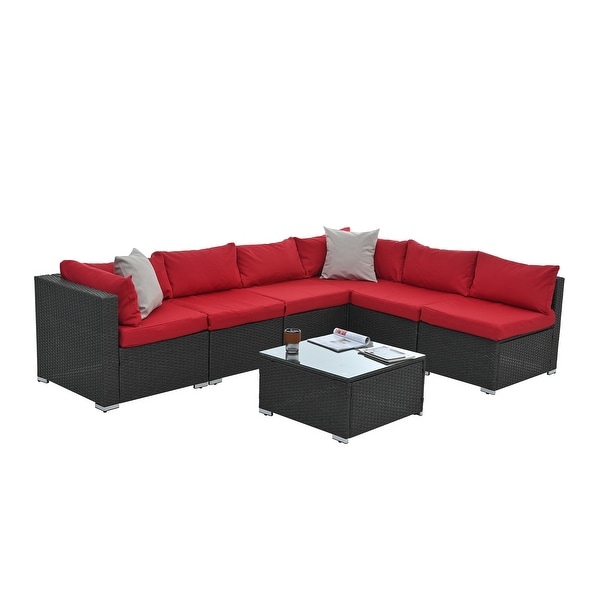 7Pcs Outdoor Sectional Furniture Set，AllWeather PE Rattan Sectional Sofa Conversation Set w/ Coffee Table and Washable Cushions