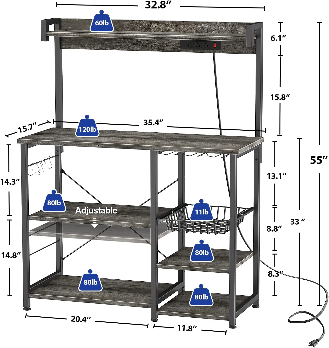 Bakers Rack with Power Outlet, Microwave Stand, Kitchen Storage Shelf with Wire Basket, Coffee Bar Station with Wine Glass Holder, 35.4