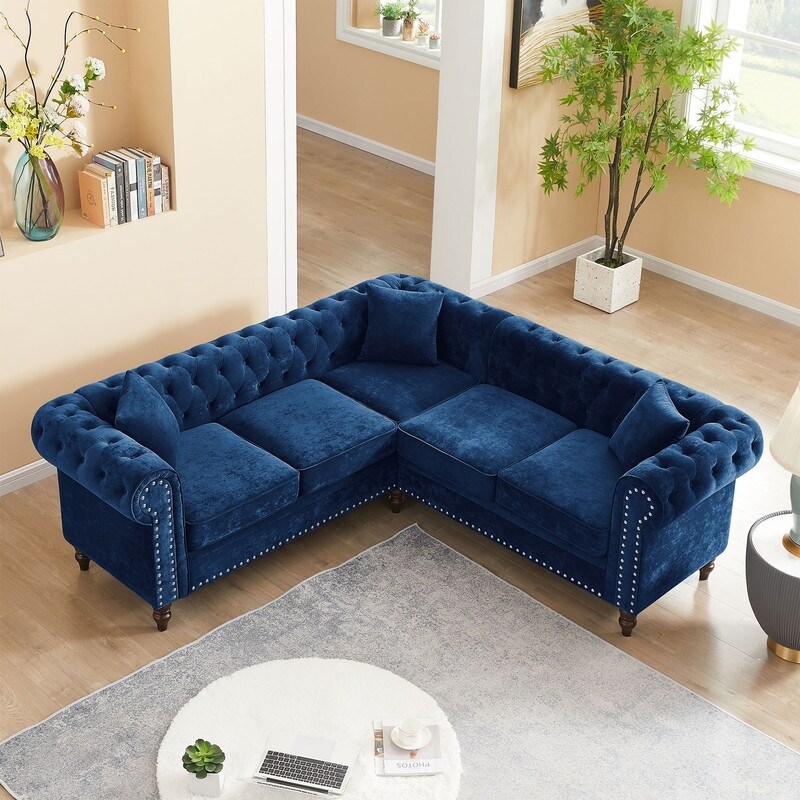 Chesterfield Button Tufted Upholstered Sectional Sofas L Shaped Sofa with 3 Pillows Included and Solid Wood Gourd Legs