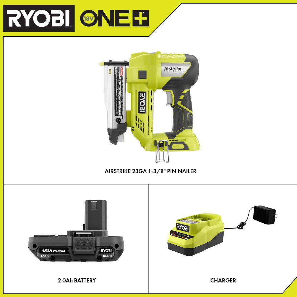 RYOBI ONE+ 18V Cordless AirStrike 23-Gauge 1-38 in. Headless Pin Nailer and 2.0 Ah Compact Battery Starter Kit P318-PSK005