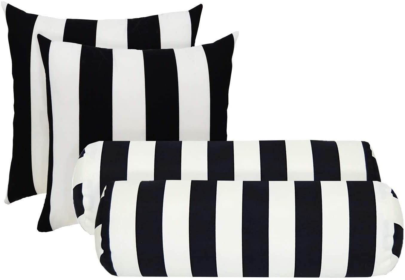 RSH Décor Indoor Outdoor Set of 4 Square and Neckroll Pillows, Black & White Stripe