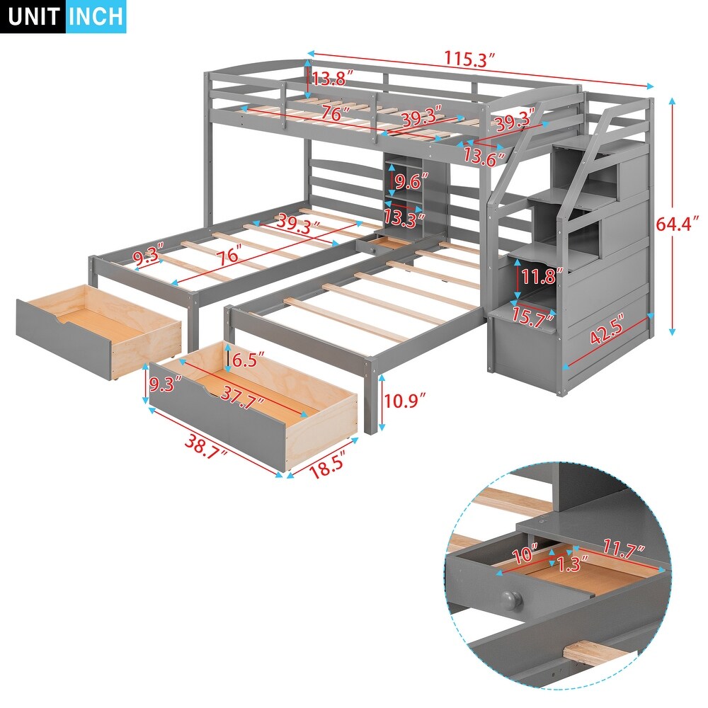 Twin Over Twin Twin Bunk Bed  Triple Bunk Bed w/Drawers  Staircase with Storage  Built in Shelves  for 3 Kids Teens Adults  Grey