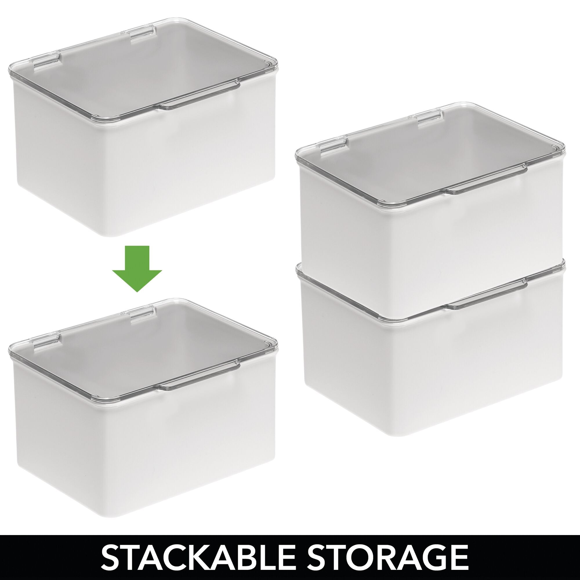 mDesign Plastic Stackable Home, Office Supplies Storage Organizer Box with Hinged Lid - for Note Pads, Pens, Staples, Dry Erase Markers, Tape - 6.6 Inches Wide, 4 Pack, 32 Labels - Light Gray/Clear