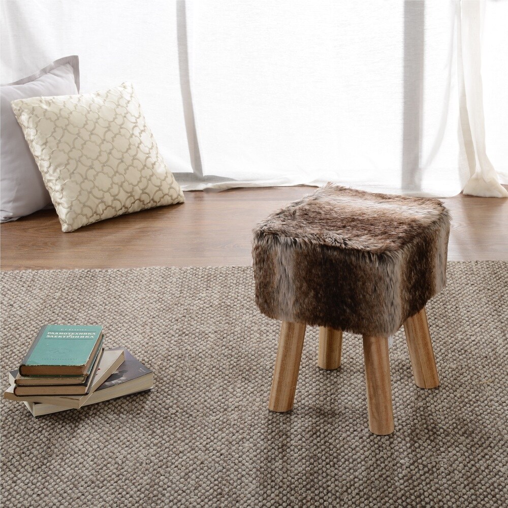 Cheer Collection FauxFur Small Wood Leg Stool