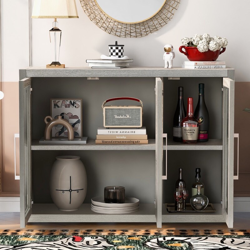 Durable Wood Storage Cabinet Sideboard with 3 Tempered Glass Doors and Adjustable Shelves