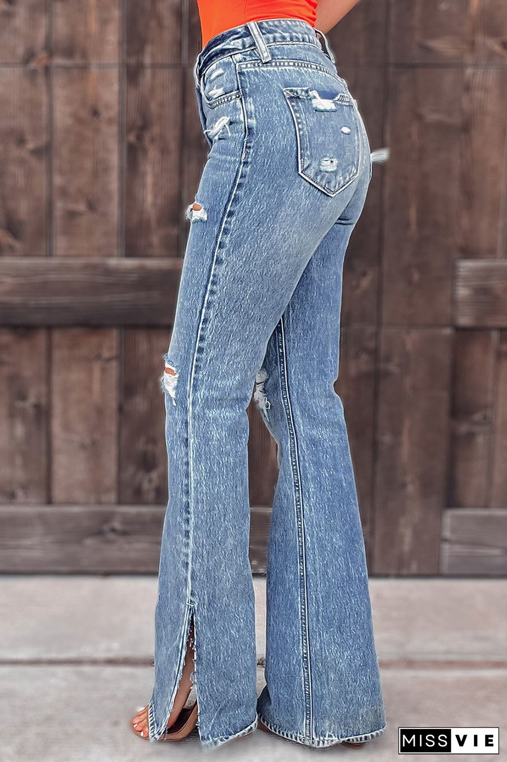 Women's washed ripped flared jeans