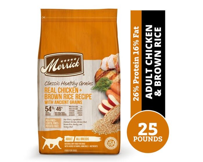 Merrick Classic Healthy Grains Real Chicken + Brown Rice Recipe with Ancient Grains Adult Dry Dog Food， 25 lb. Bag