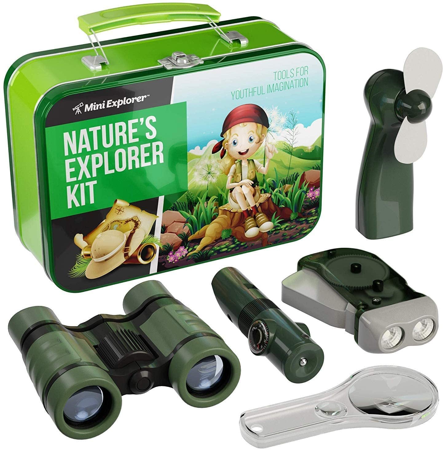 Nature Explorer Kit for Kids - Camping Gear and Accessories Play Toy Gift for Boys Outdoor Childrens Games. Birthday Gifts Toys 4 5 6 7 8 Year Old Boy. Binoculars Fan Magnifier Flashlights 5-in-1 Tool