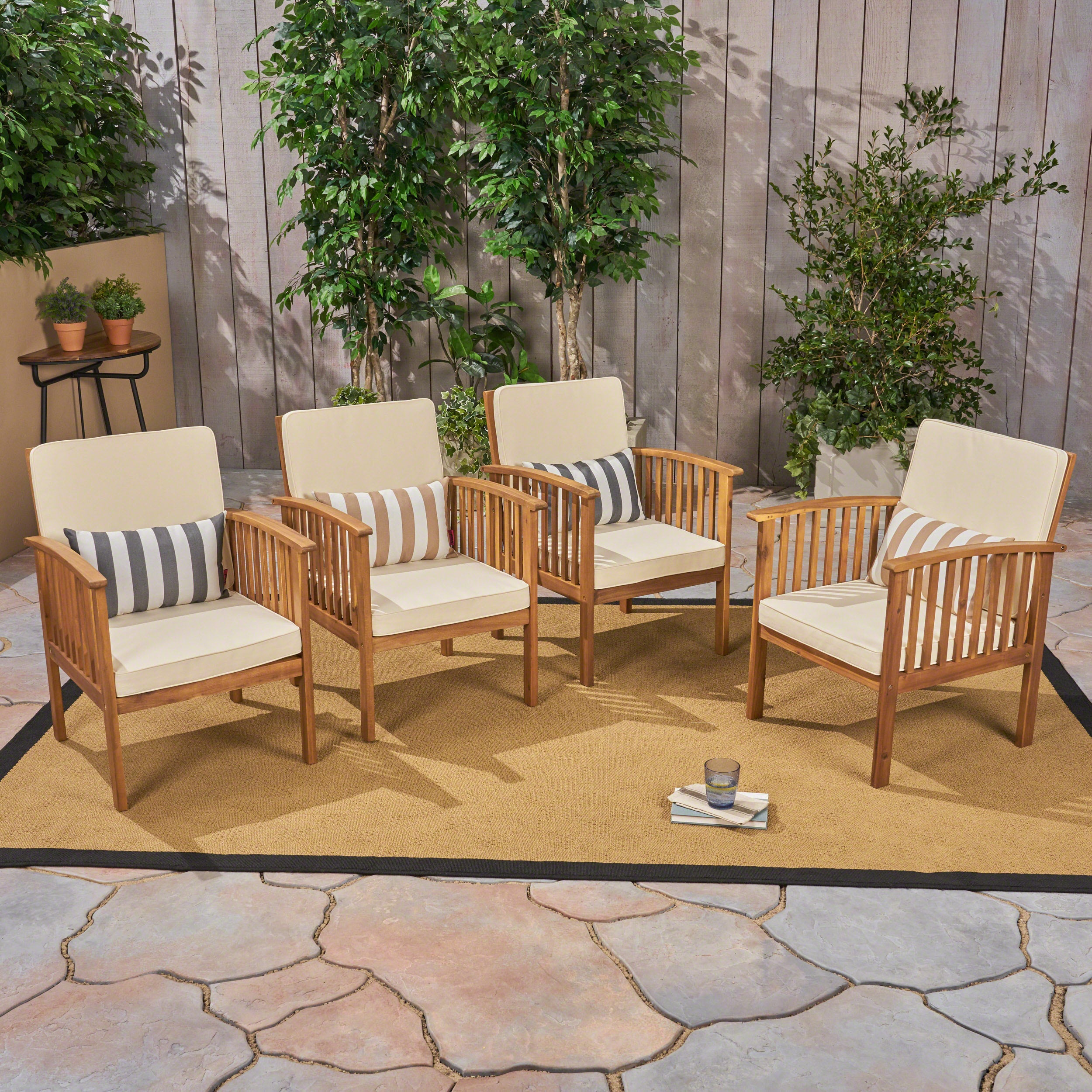 Ray Acacia Outdoor Acacia Wood Club Chairs w/ Cushions