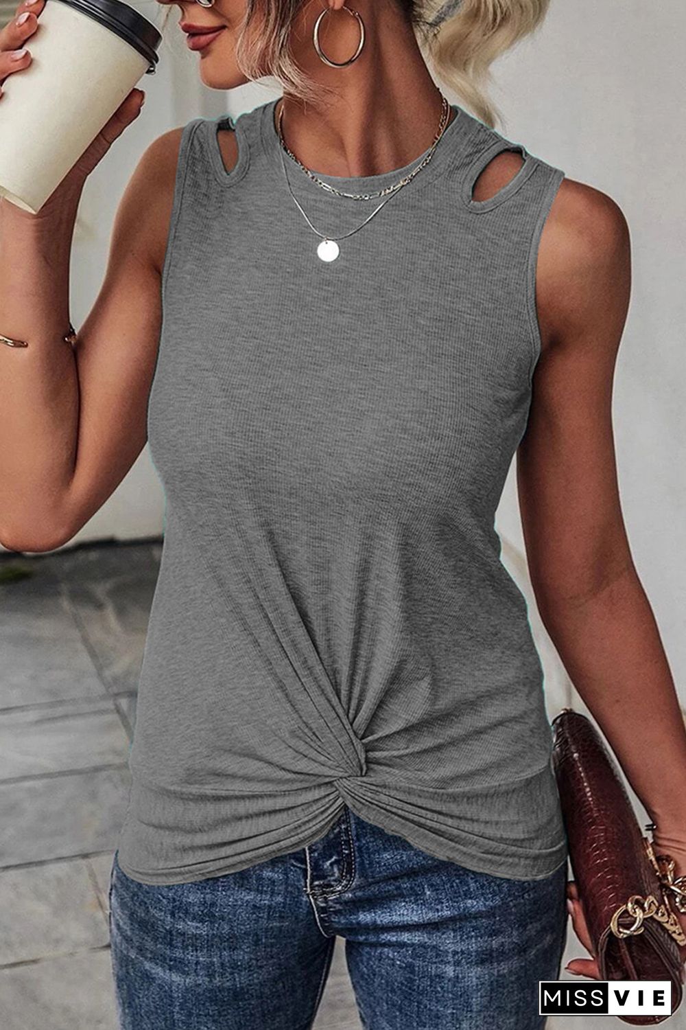 Gray Rib Knit Cut-out Front Twist Tank Top