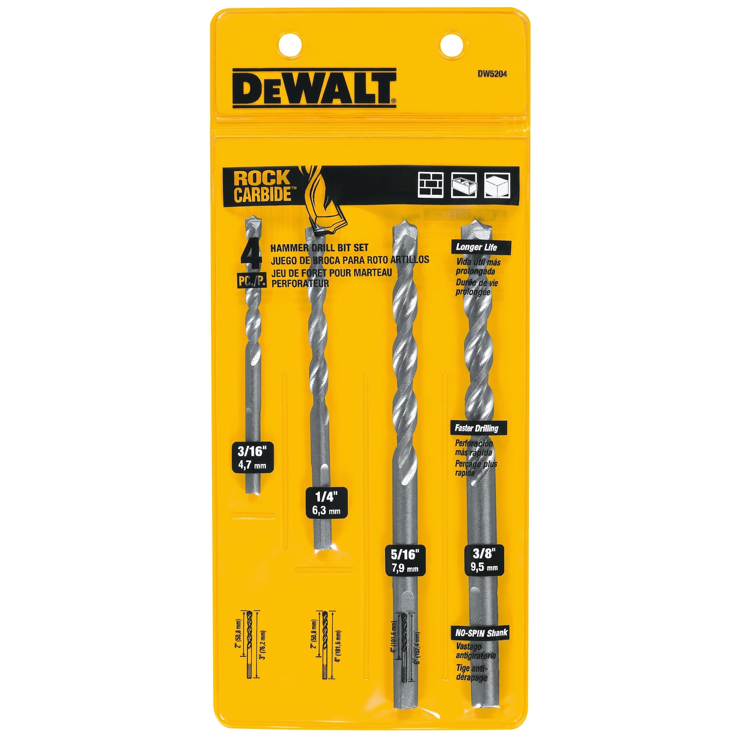 DW 3 in. L Carbide Tipped Percussion Drill Bit Set 4 pc