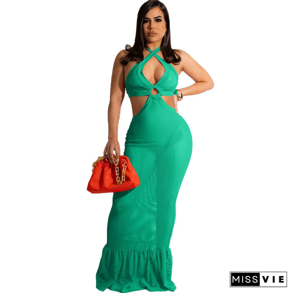 Mesh See Though Hollow Halter Backless Maxi Dresses