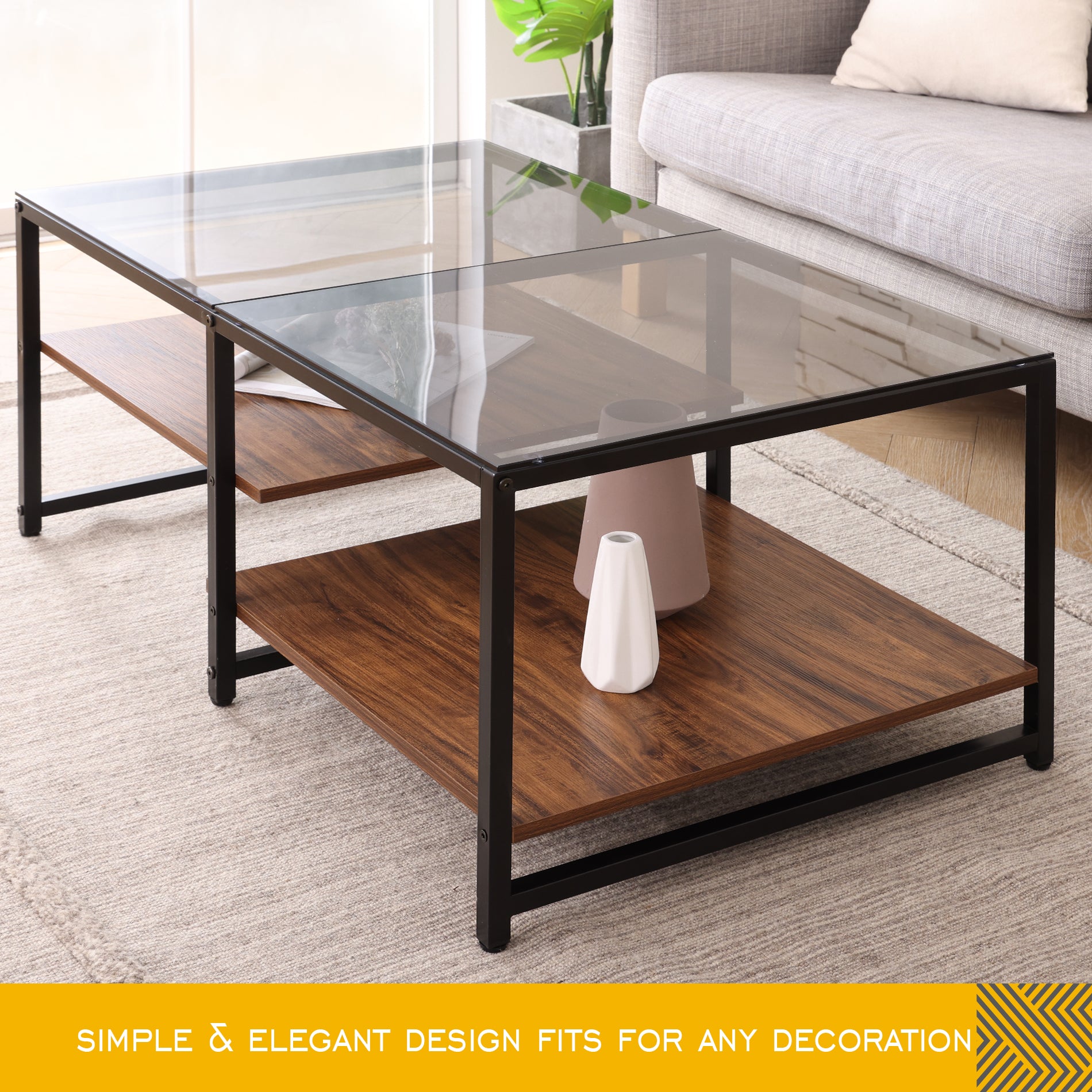 Glass Coffee Table with 2-Tier Shelves Tea Table for Living Room, 40