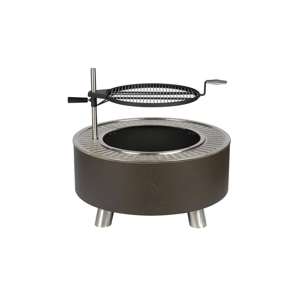 HotShot 34 in. x 16 in. Round Steel Wood 2-in-1 Burning Fire Pit and Grill with 360 Tabletop Griddle in Matterhorn Gray 52554