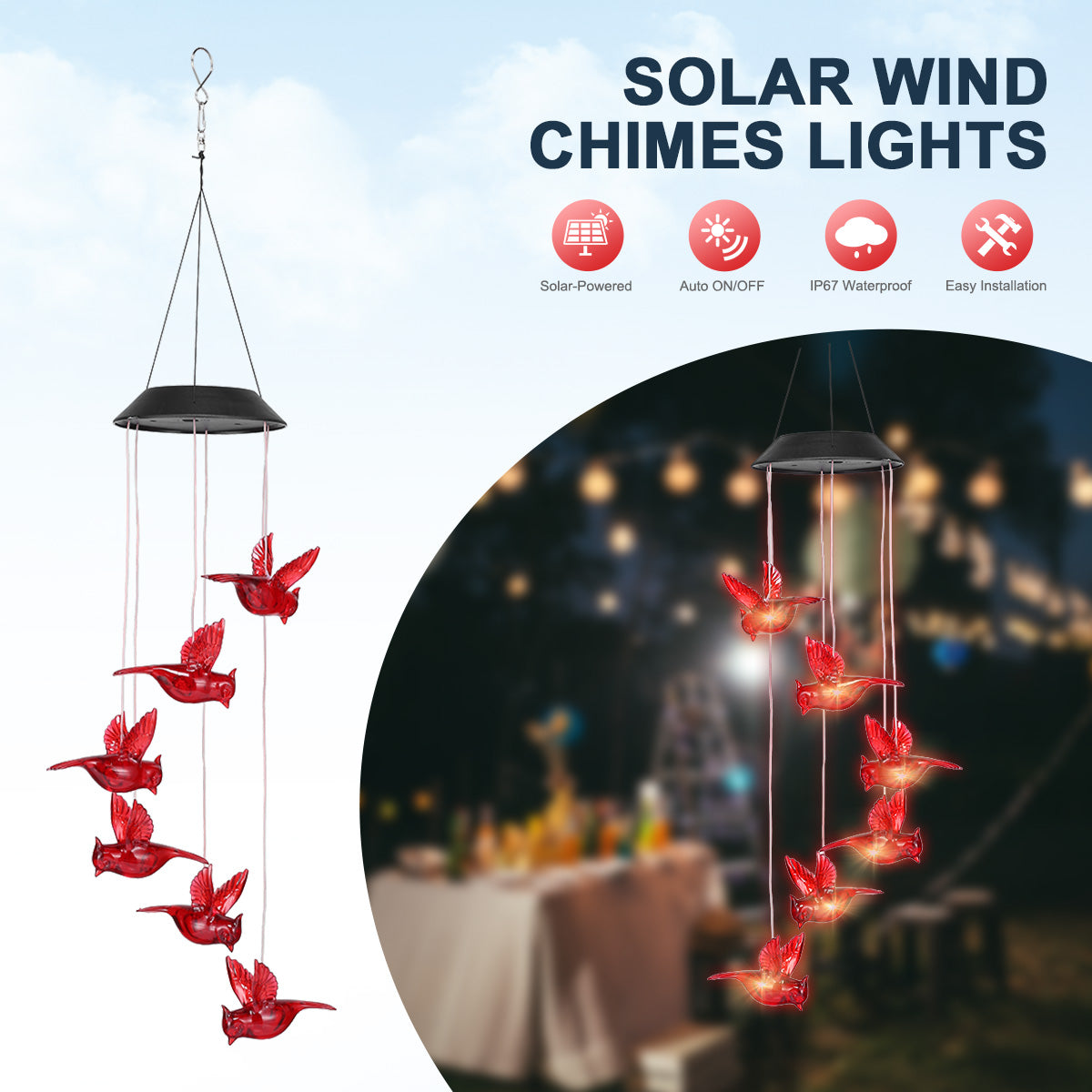 Solar Cardinal Red Bird Wind Chime Lights， Hanging Red Bird Wind Chimes with S Hook Light Sensor， LED Solar Power IP65 Waterproof Moisture-Proof， Outdoor Garden Decor Wind Bell for Patio Yard Home