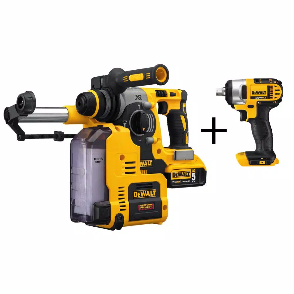 DEWALT 20-Volt MAX XR 1 in. SDS Plus L-Shape Rotary Hammer w/ Extractor， (2) 20-Volt 5.0Ah Batteries and 1/2 in. Impact Wrench and#8211; XDC Depot