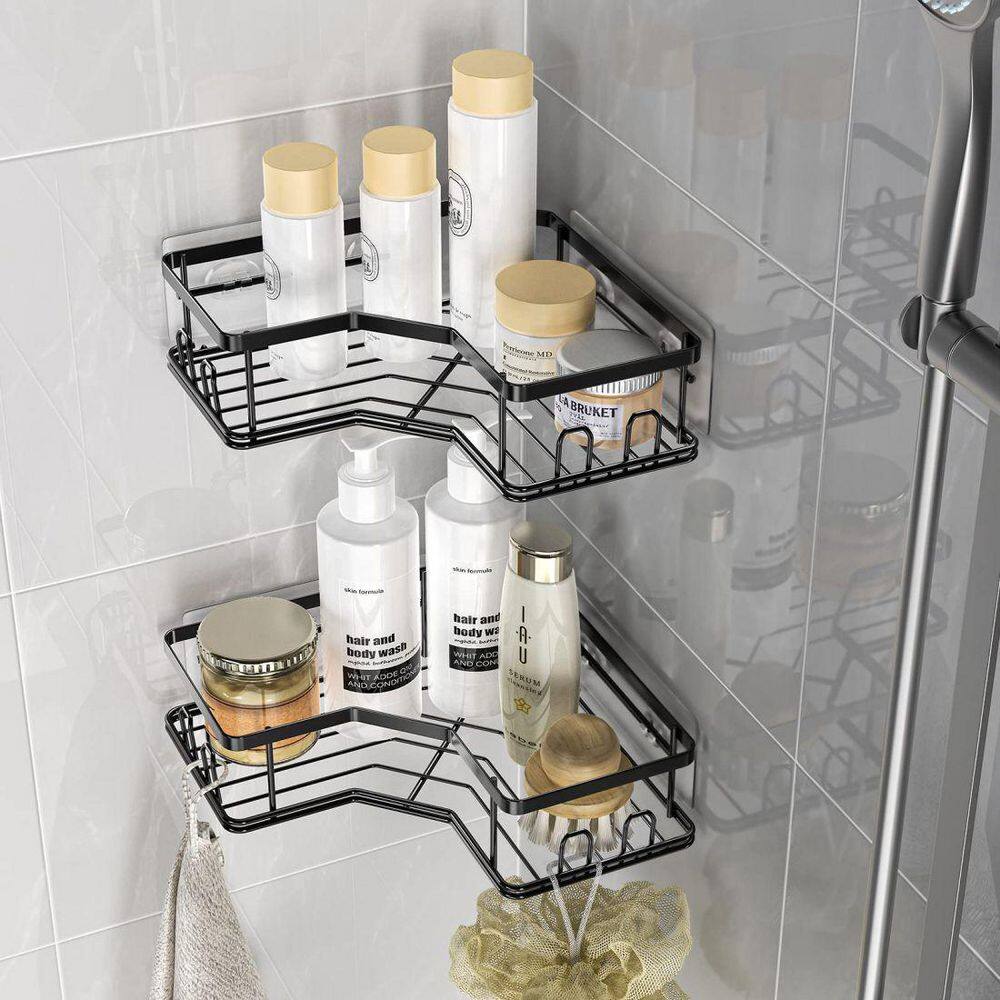 Dracelo 2-Pack Adhesive Stainless Steel Corner Shower Caddy Organizer Shelf with 8 hooks B09NBFH36P