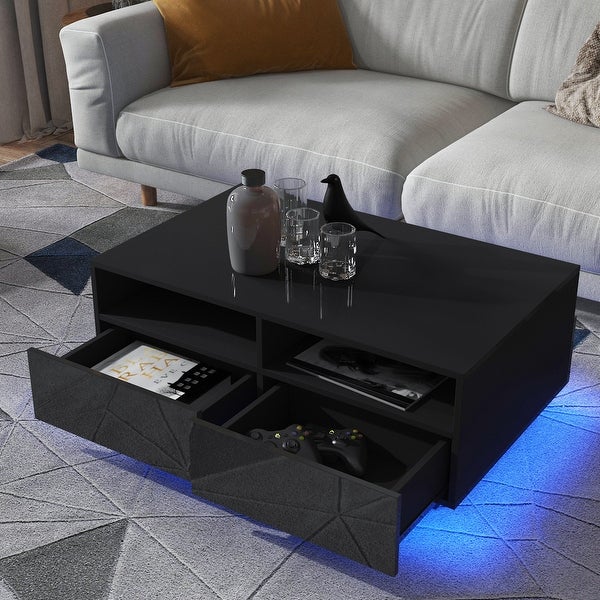 High Gloss LED Coffee Table Modern Black Coffee Table with Storage Drawer， 35.4 x 22 x 13.8 Inches