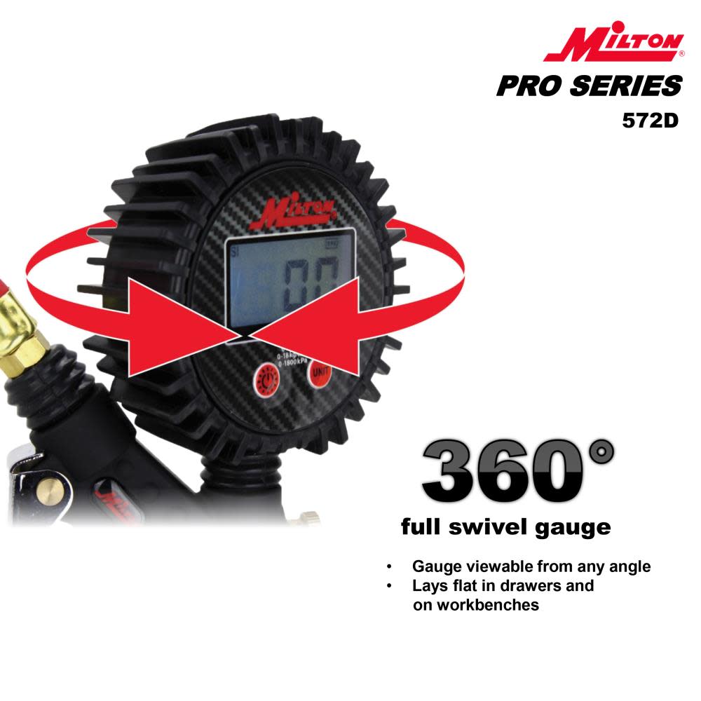 Milton® 572D Pro Digital Pistol Grip Inflator Gauge ; 36 Hose and Kwik Grip Safety Chuck ; 255 PSI ;