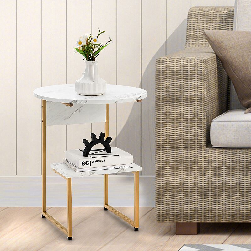 2-Tier Round End Beside Table with Metal Frame-White