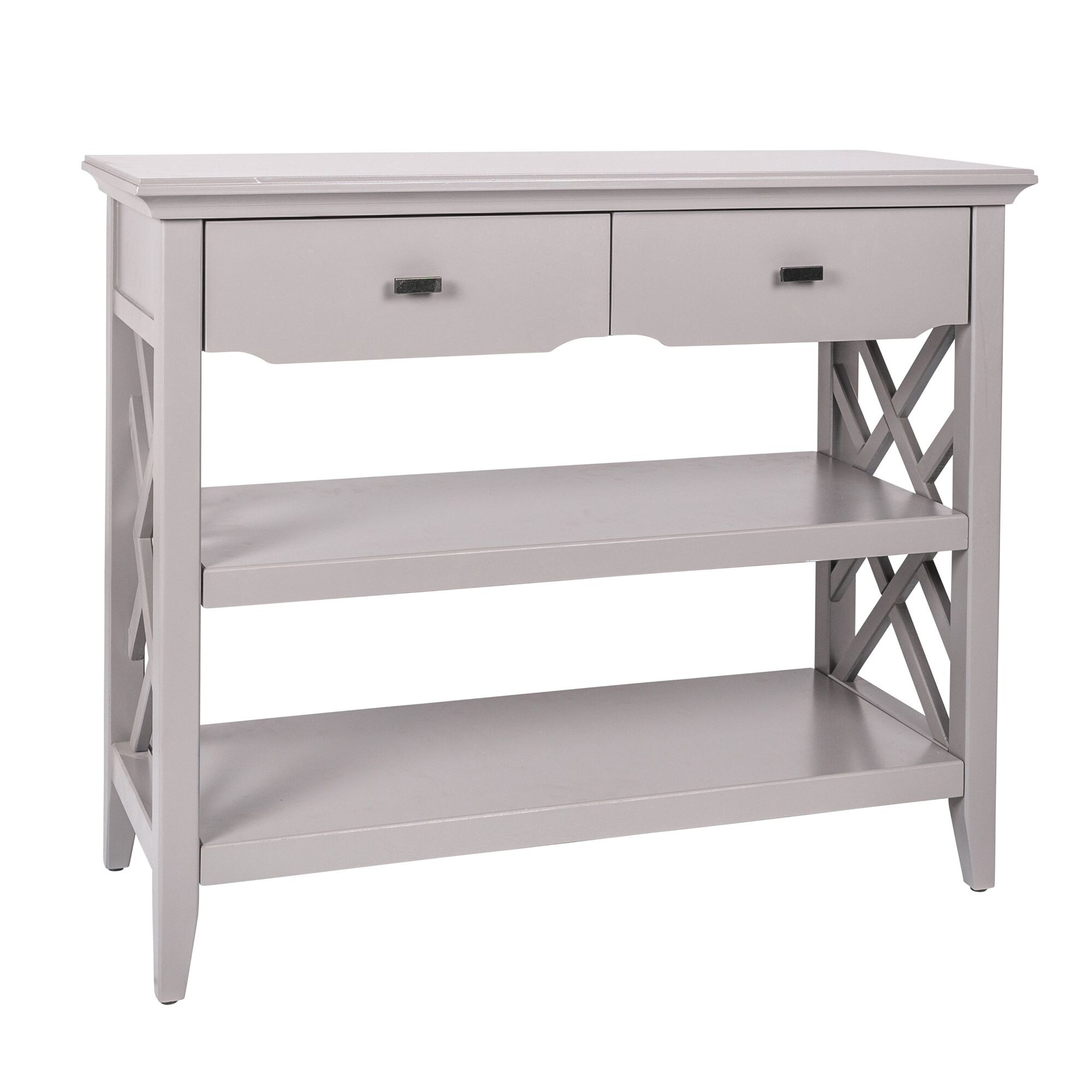 Grey Two-Drawer Console Table with Shelves