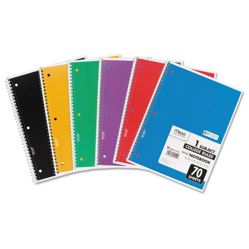 Mead Spiral Notebook， 1 Subject， Medium/College Rule， Assorted Color Covers， 10.5 x 7.5， 70 Sheets (05512)