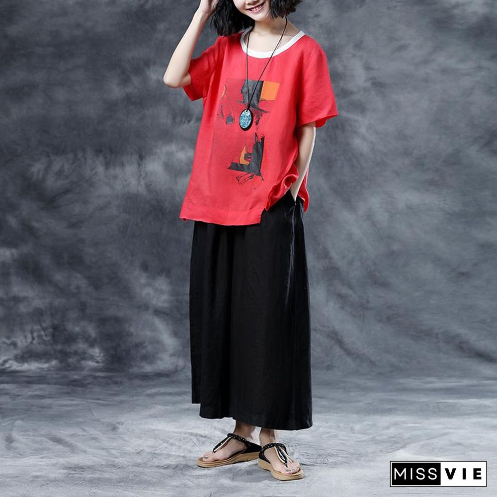 fashion natural cotton linen t shirt oversize Summer Short Sleeve Loose Red Casual Shirts