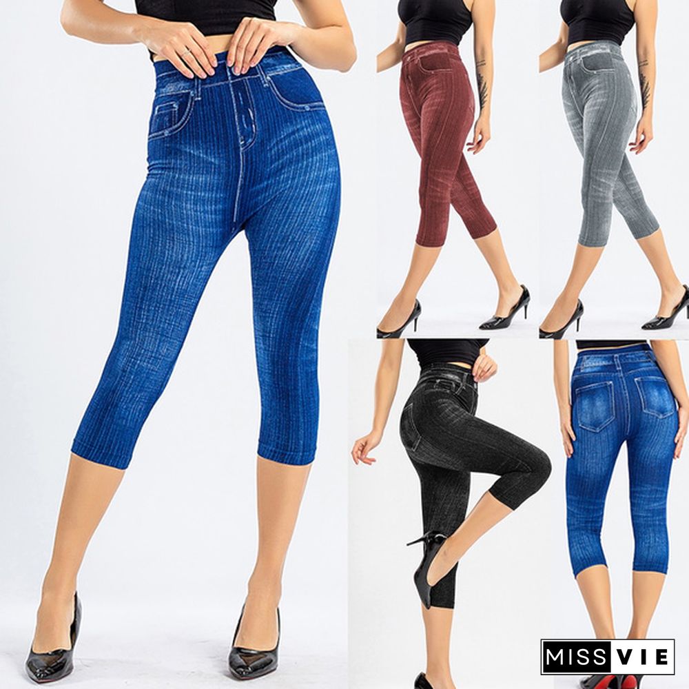 New Womens Skinny Jeans High Waist Slim Short Leggings Denim Stretchy Jeggings Seamless Yoga Pants