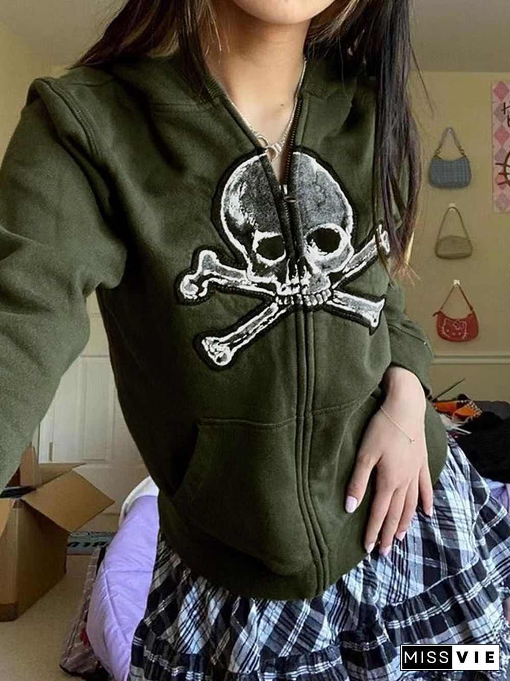 Vintage Skull Graphic Zip Up Hoodie