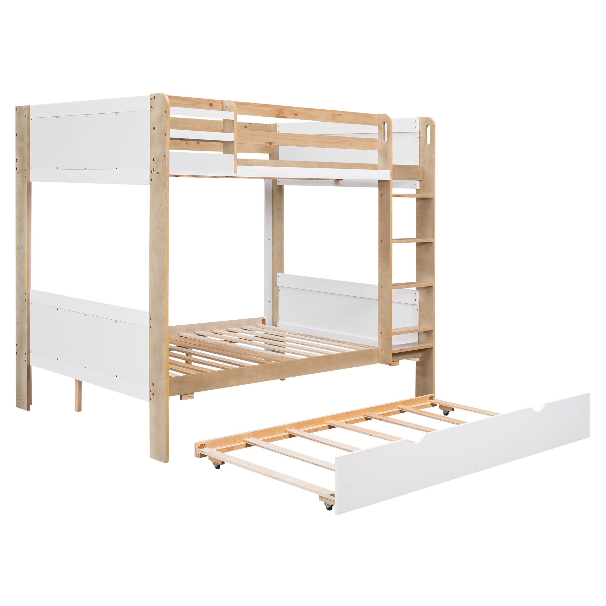 Full over Full Bunk Bed with Trundle and Little Shelf for Kids Bedroom, White