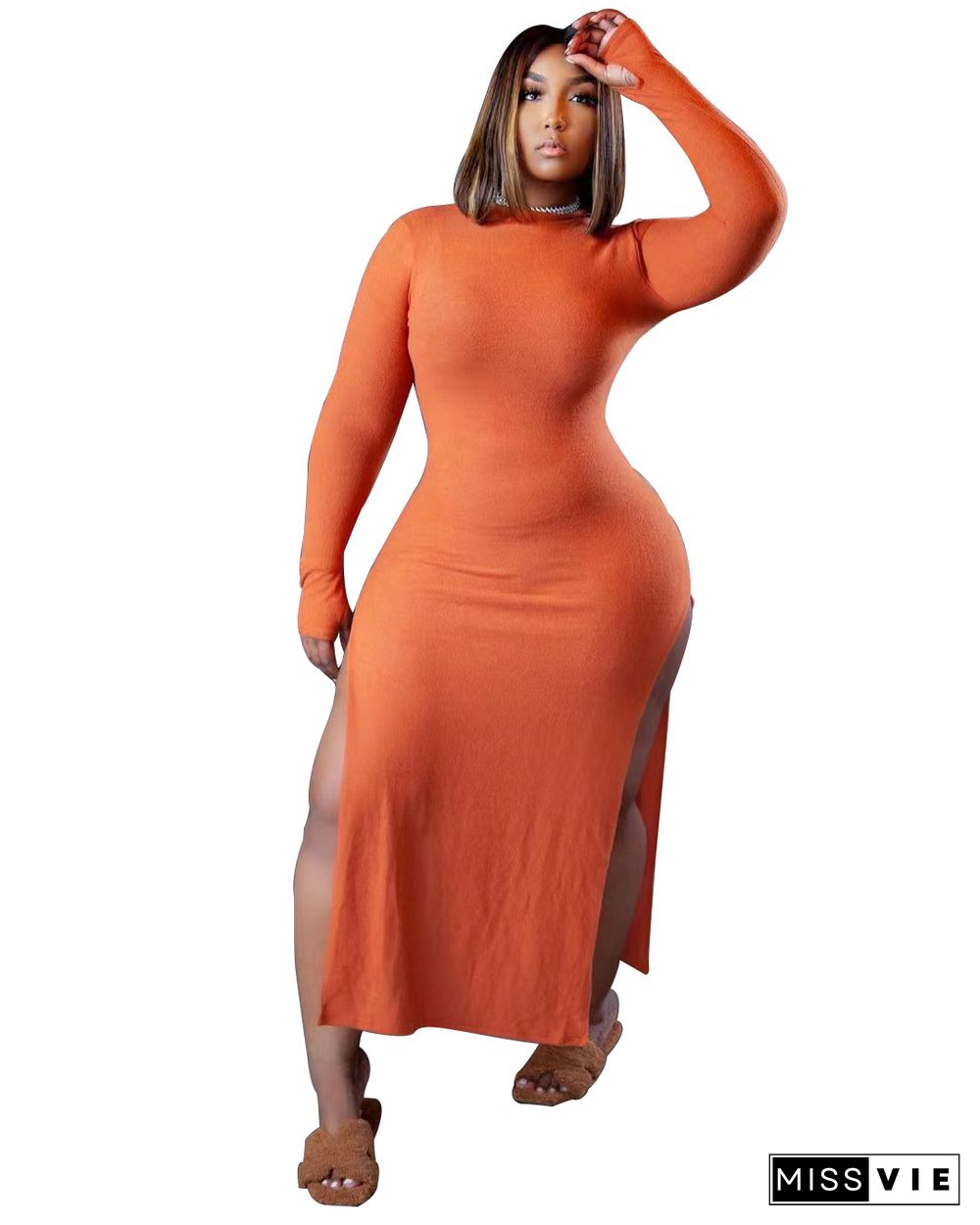 Plus Size Long Sleeve O Neck Sides Slit Maxi Dress