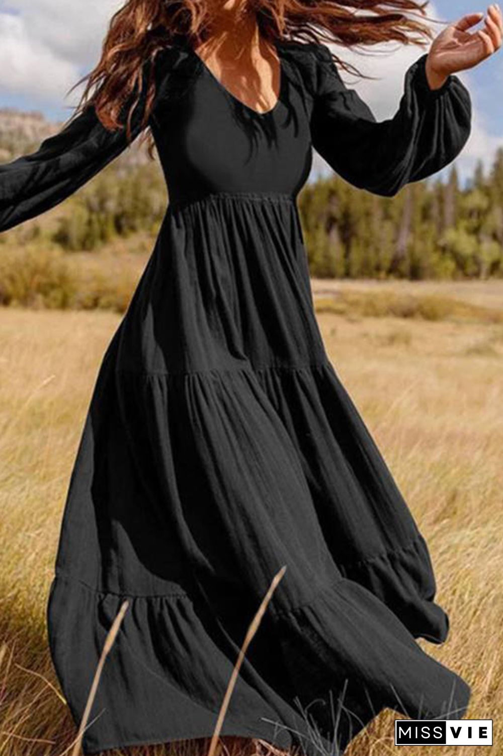 V Neck Puff Sleeves Tiered Maxi Dress