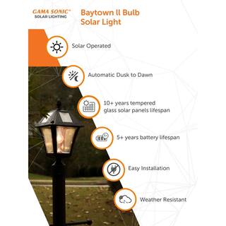 GAMA SONIC Baytown II Bulb 1-Light Black LED Outdoor Solar Post Light with Wall Sconce and Pier Base Mount Options GS-105B-FPW