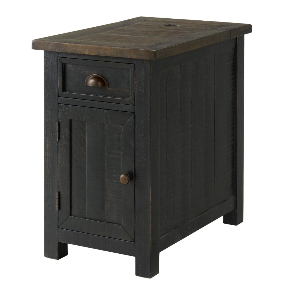 Fiya 25 Inch Chairside End Table Cabinet  Drawer  USB Ports  Black  Brown   24L x 16W x 25H  in inches