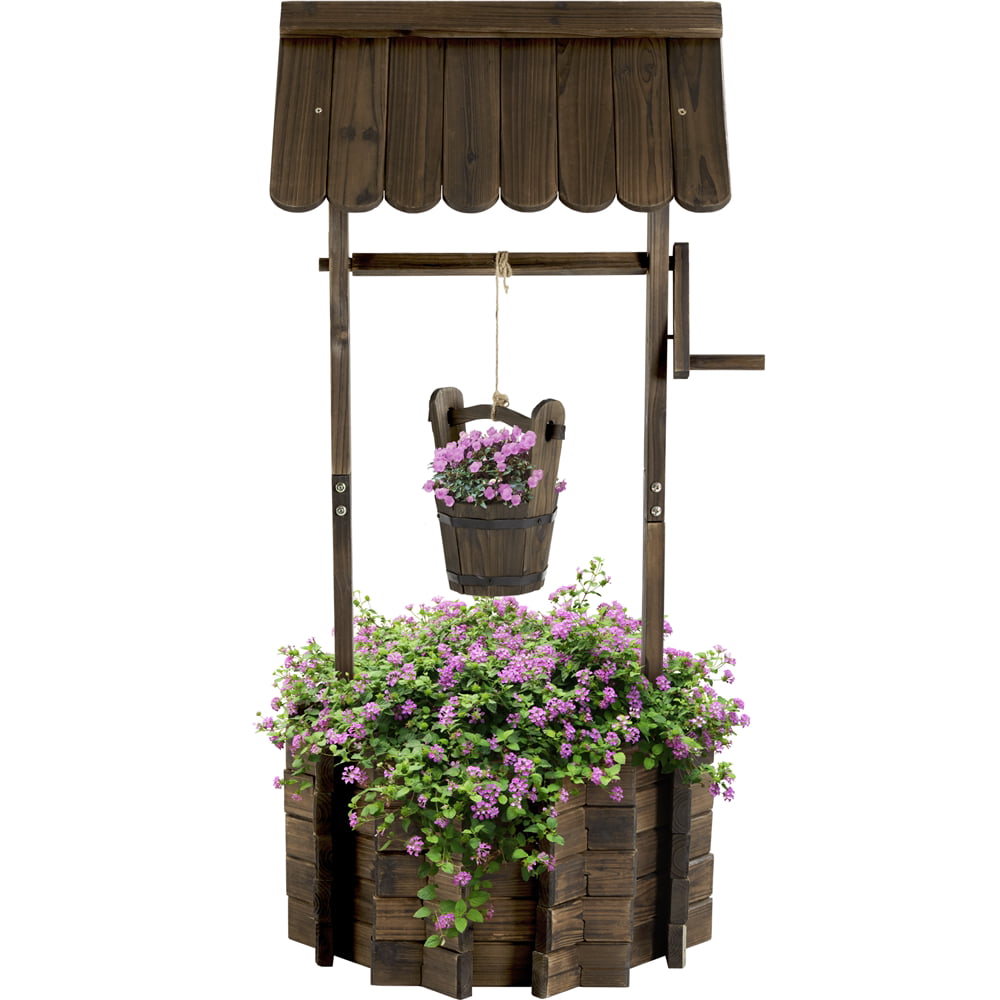 Yaheetech Wooden Outdoor Wishing Well Planter Floor Standing Planter with Hanging Bucket, Brown