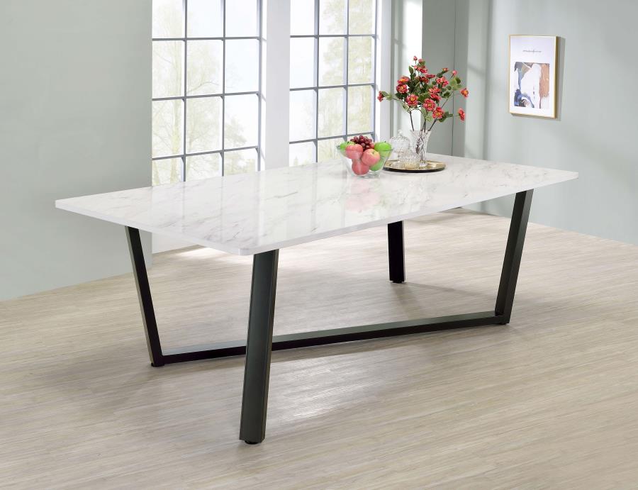 7 pc Mayer Rectangular Dining Table Faux White Marble and Gunmetal-193781