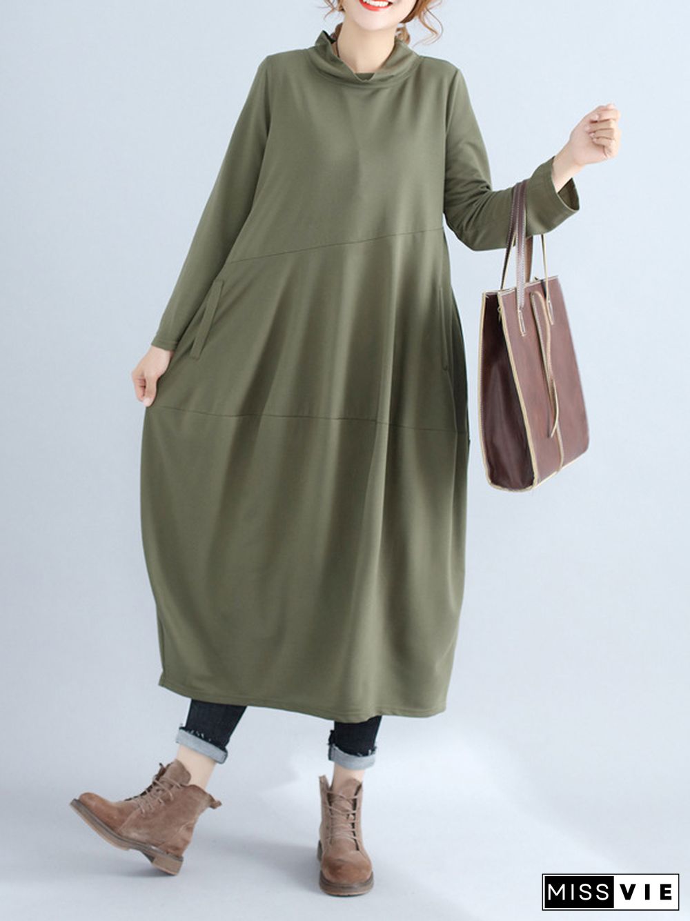 Casual Loose Plus Size Solid Color Hooded Midi Dresses